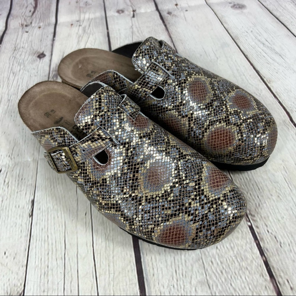 NAOT Elegant Autumn Golden Python Print Leather Slip On Clogs - Picture 11 of 15